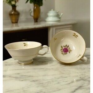VTG Lenox Rhodora P471 Footed Cup Cream Gold Trim Pink Roses Set Of 2